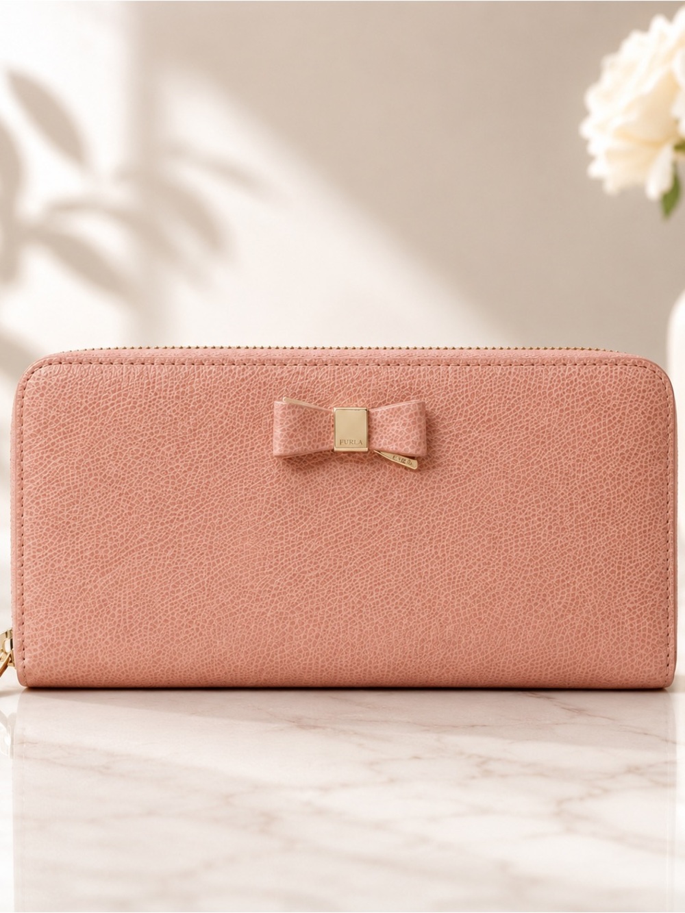 Furla Pink Leather Zip Around Wallet Continental Bow Wallet Gold Hardware